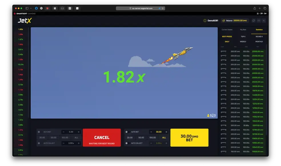 JetX aberto no navegador do desktop com a aba Statistics e o botão CANCEL vermelho