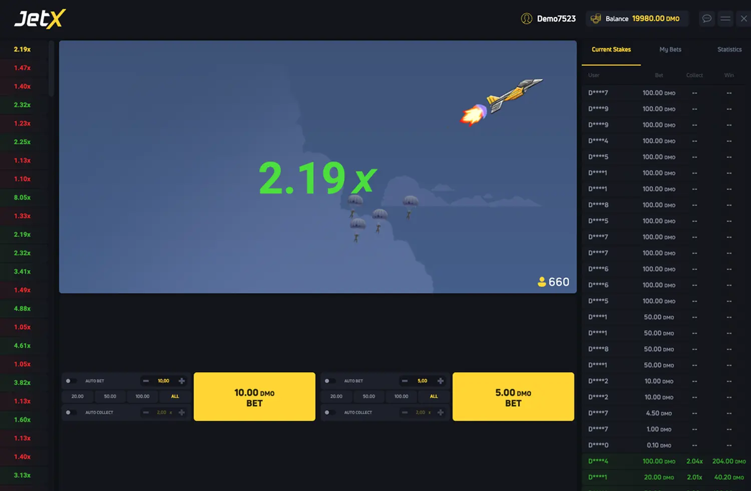 Tela do JetX no desktop com multiplicador em 2,19x, dois painéis de aposta e o painel de apostas ao vivo