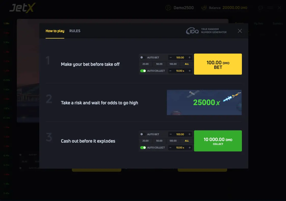 Tela How to play do JetX com os três passos oficiais explicados pela SmartSoft Gaming